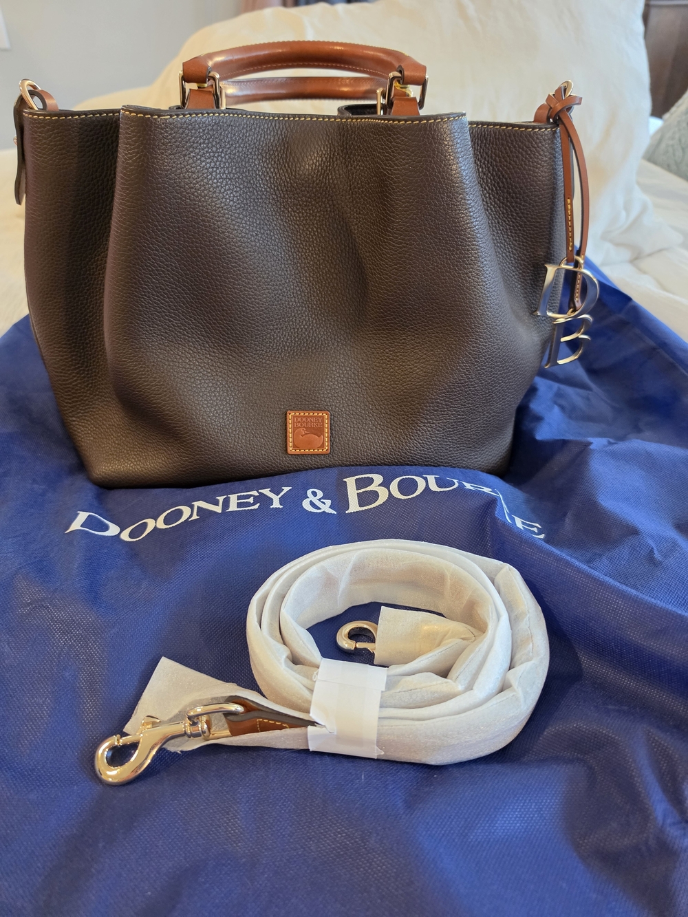 Dooney & Bourke Pebbled Leather Barlow Satchel -dark Brown With Tan Trim